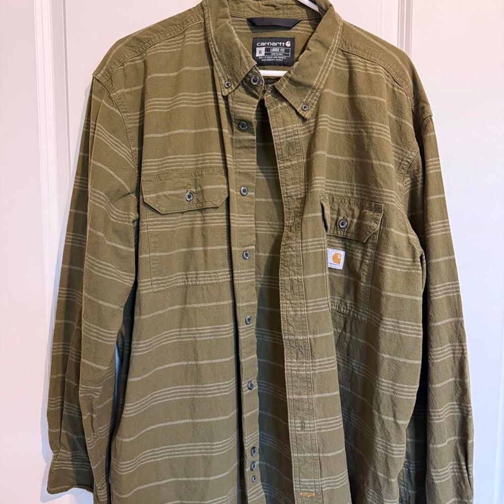 Carhartt Mens XL Loose Fit Long Sleeve Button Front Shirt Olive Green Stripe